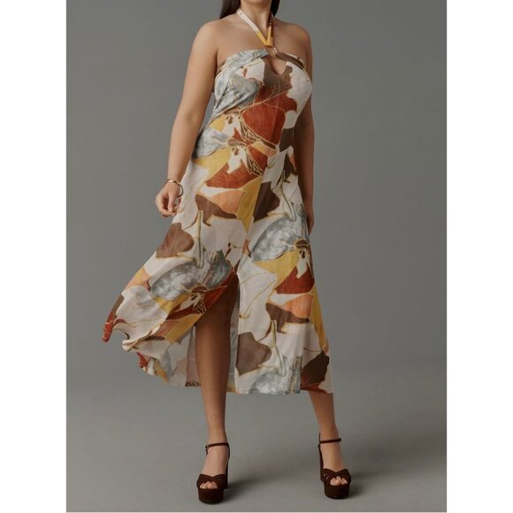 Anthropologie Sarah Hann Blythe Halter Mesh Midi Dress Size M Yellow Pattern - Picture 6 of 10